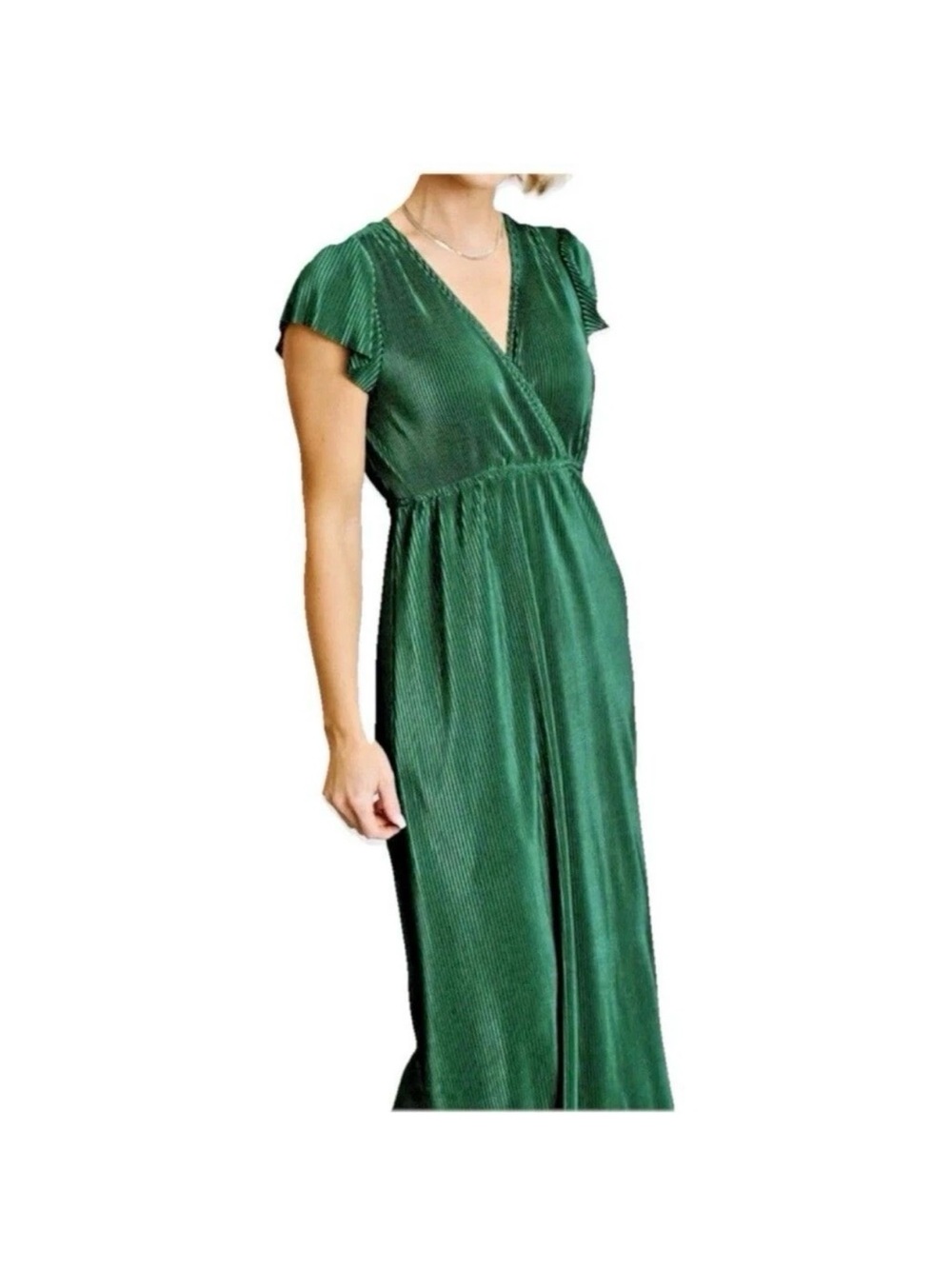 Baltic Born Athena green pleated maxi dress /flutter sleeves V-neckline Size XL